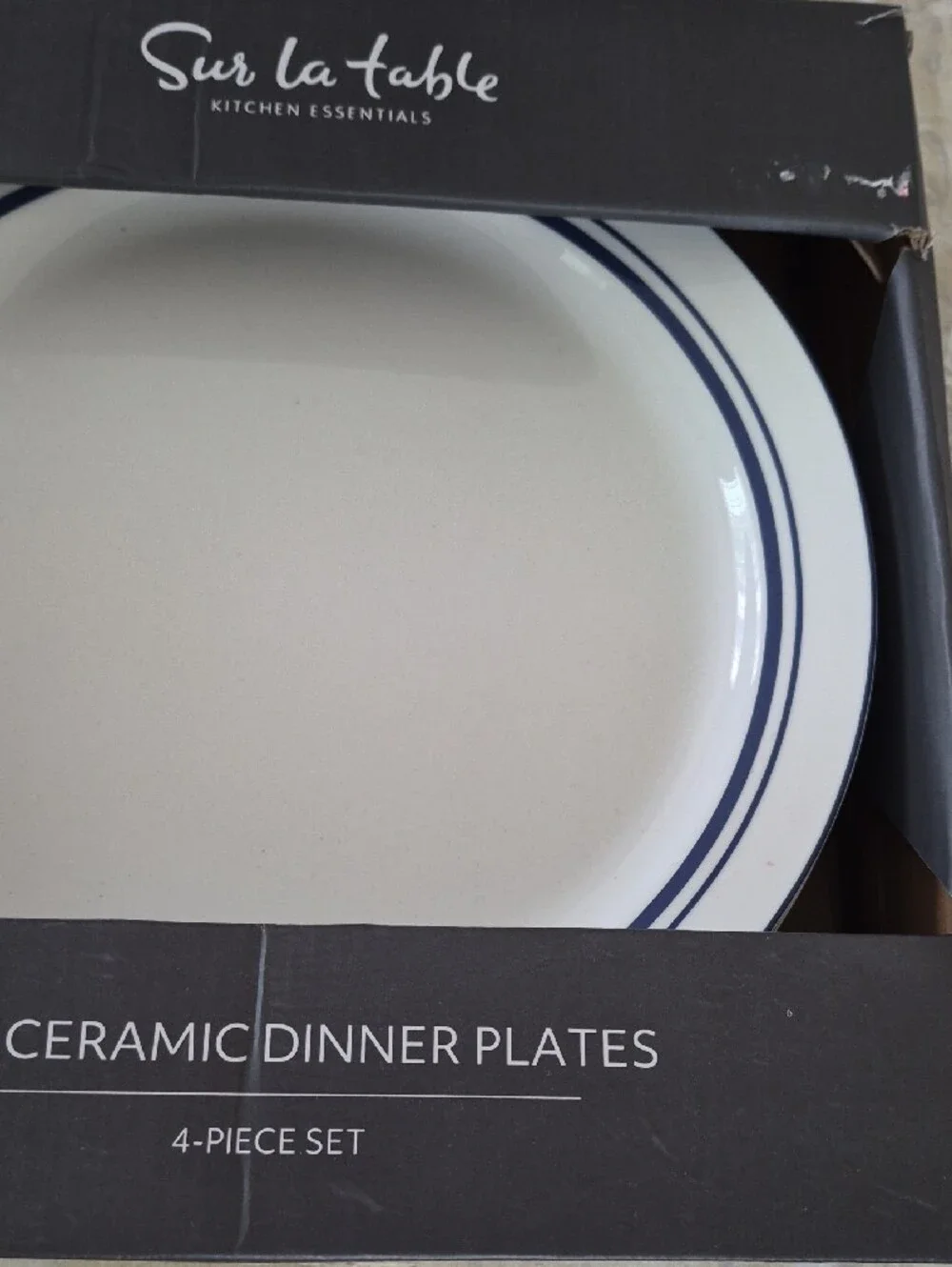 Sur La Table White Ceramic Dinner Plate with Navy Stripes - 4-Piece Set